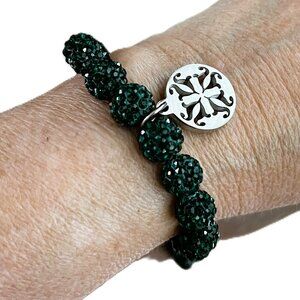 Rustic Cuff Metal Stainless Steel Shambala Beaded Stretch Bracelet Forest Green